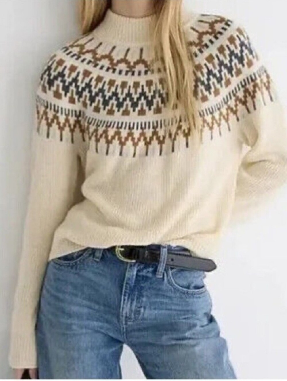 J Crew Beige Fair Isle Wool Blend Mock Neck Sweater